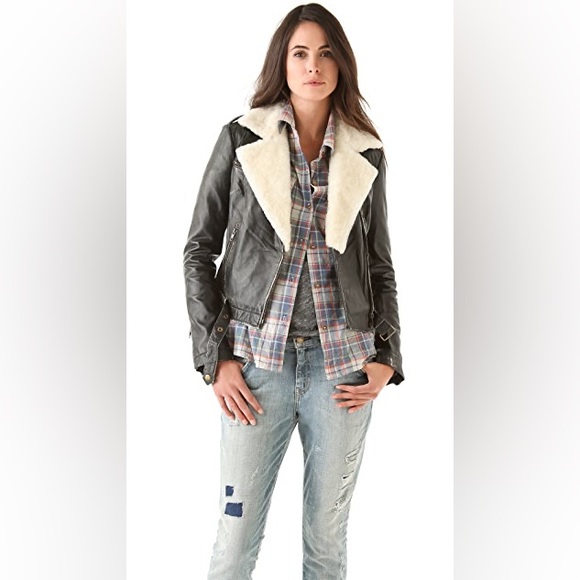 NWT Current/Elliott The Shearling Leather Biker Black Jacket Sz 1 - Picture 3 of 11
